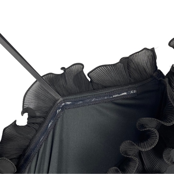 ADRIANNA PAPELL RUFFLE ONE SHOULDER BLOUSON WIDE LEG BLACK JERSEY JUMPSUIT - Picture 13 of 16